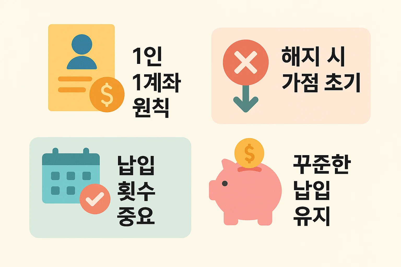 1인 1계좌 원칙, 해지 시 가점 초기화, 납입횟수 관리와 꾸준한 납입 유지의 중요성을 설명한 인포그래픽