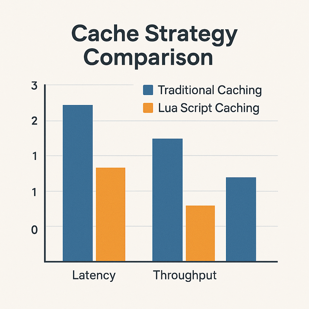 전통적 캐시 전략 vs Redis Lua 스크립트 캐시 전략 성능 비교 차트