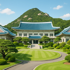 청와대의 푸른 지붕과 전통 한옥 건물의 전경