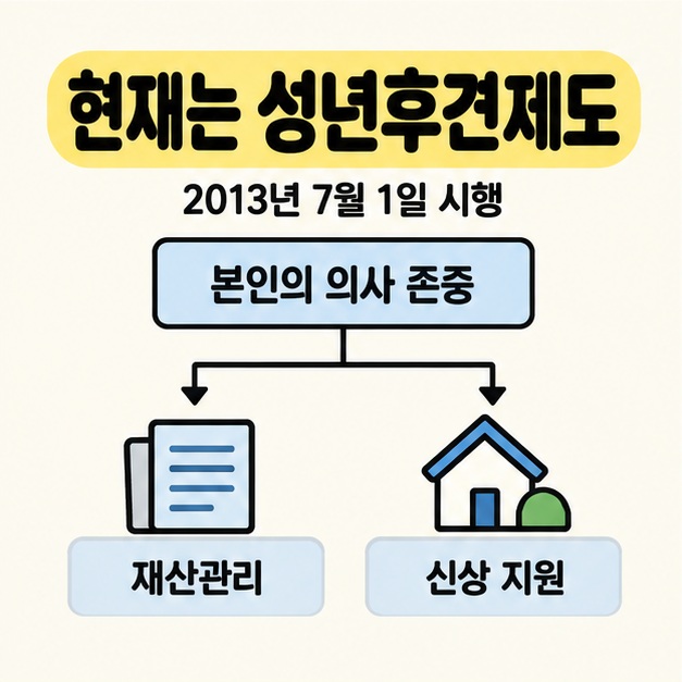 성년후견제도의 2013년 7월 1일 시행 날짜와 본인의 의사 존중에서 재산관리 및 신상 지원으로 나뉘는 지원 구조도