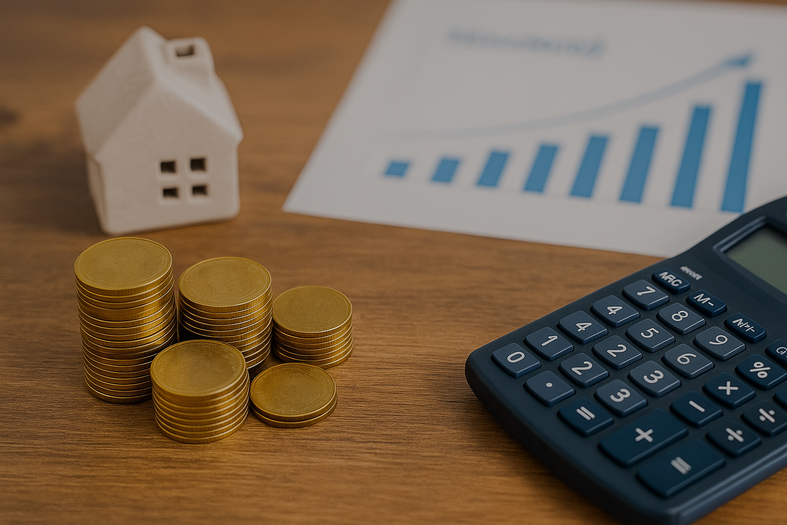 재테크와 배당주를 연상시키는 그래프(차트), 계산기, 돈이 포함된 그림