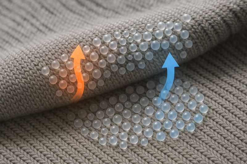 온도 변화에 반응하는 PCM 캡슐이 삽입된 스마트 섬유의 질감과 구조