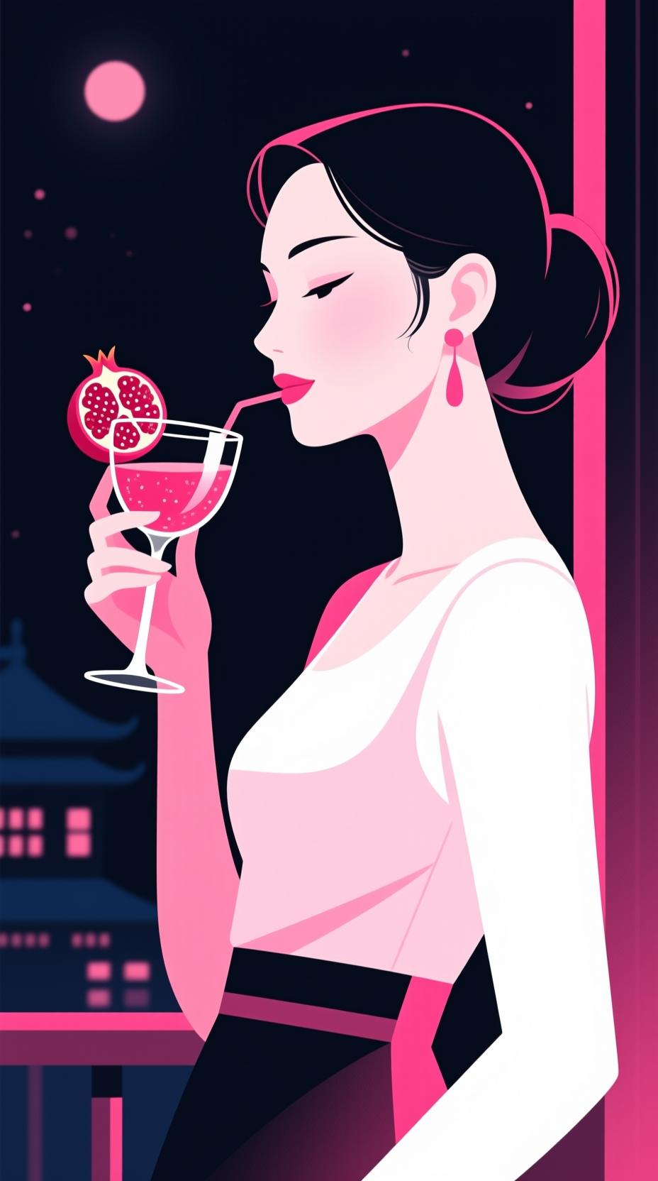 석류 마시는 여성 그림 - 사진