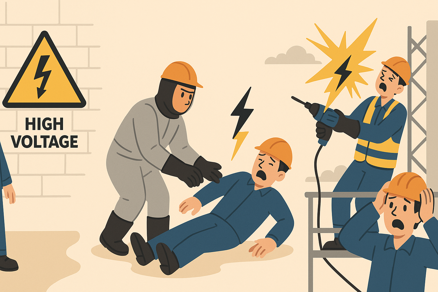 작업 중 고전압 감전 사고 응급처치 설명 이미지 – 감전된 근로자, 절연장비로 구조하는 작업자, 전기 표지판 앞 상황 묘사