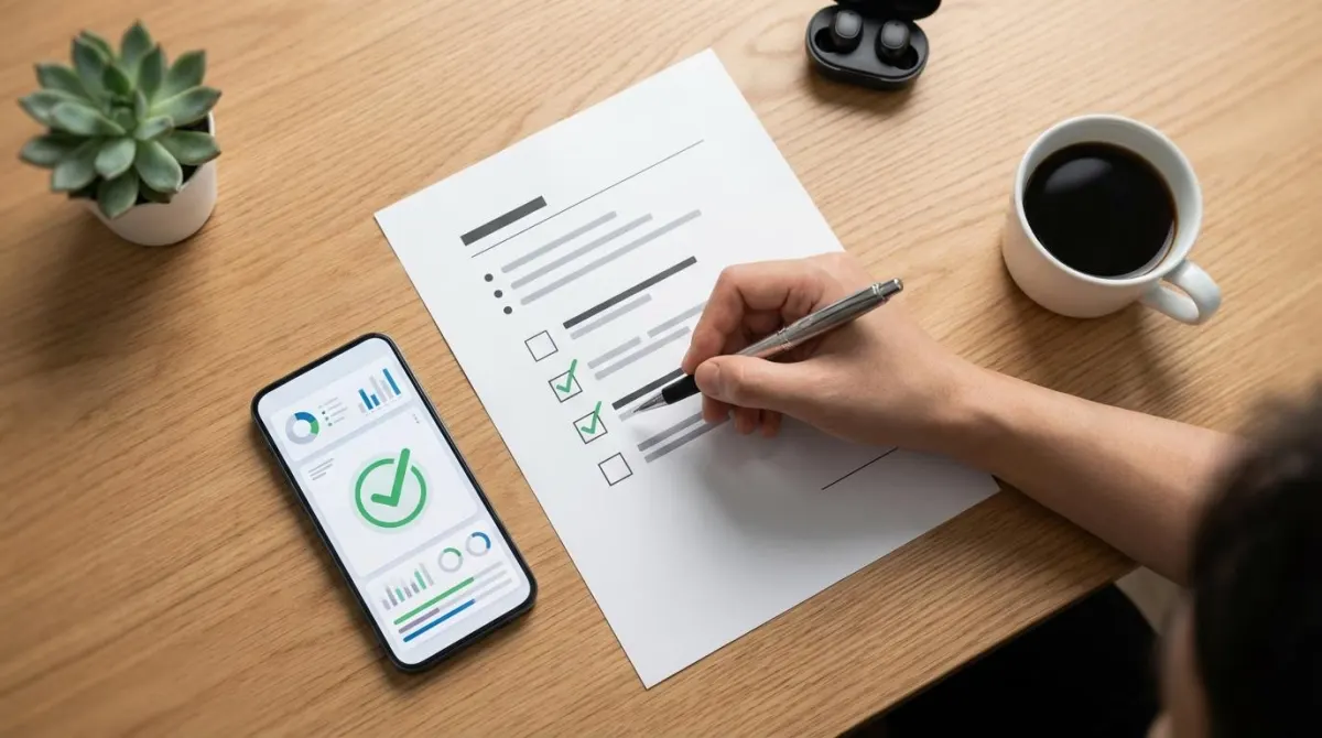 스마트폰 앱과 체크리스트를 통해 간편하게 건강보험 임의계속가입 자가를 진단하는 모습