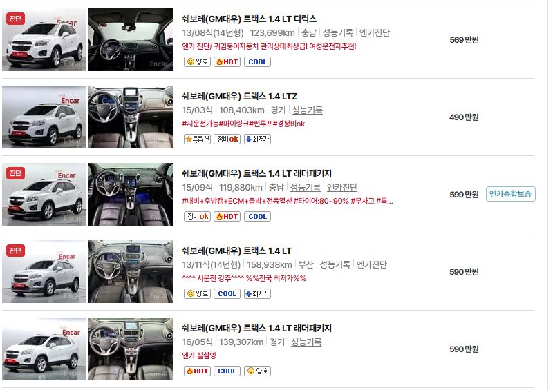 쉐보레 트랙스 중고차 가격 시세표 유지비