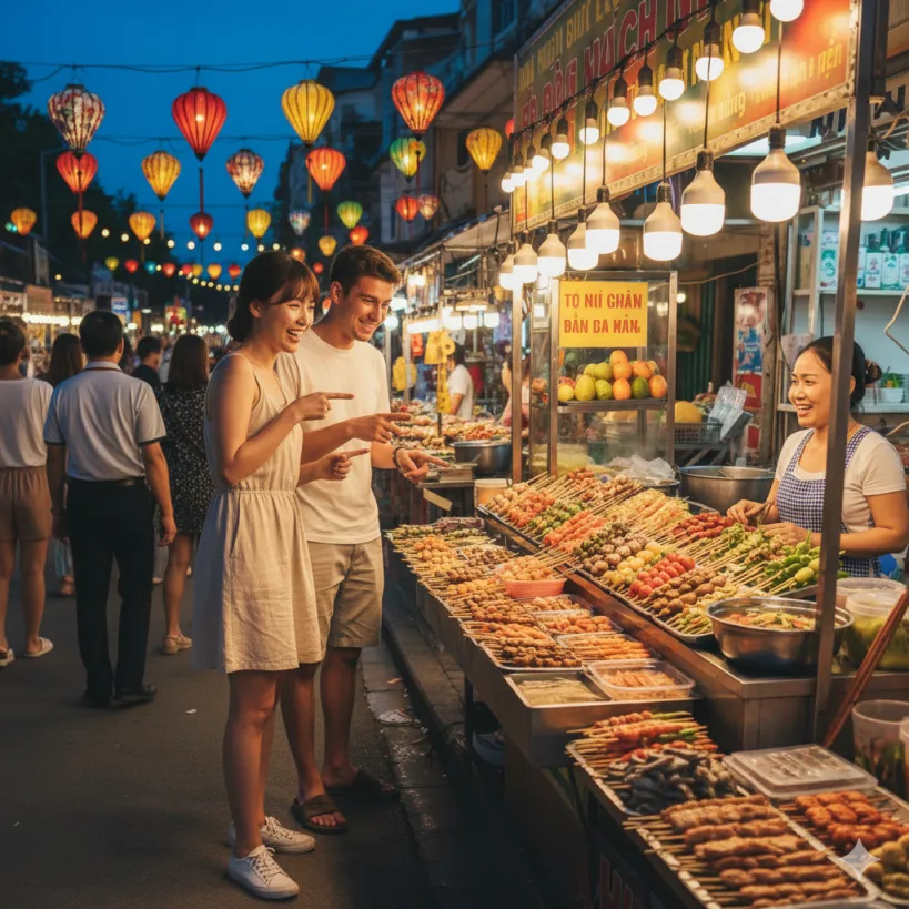 푸꾸옥 야시장 길거리 음식 위생에 주의하며 즐기는 모습