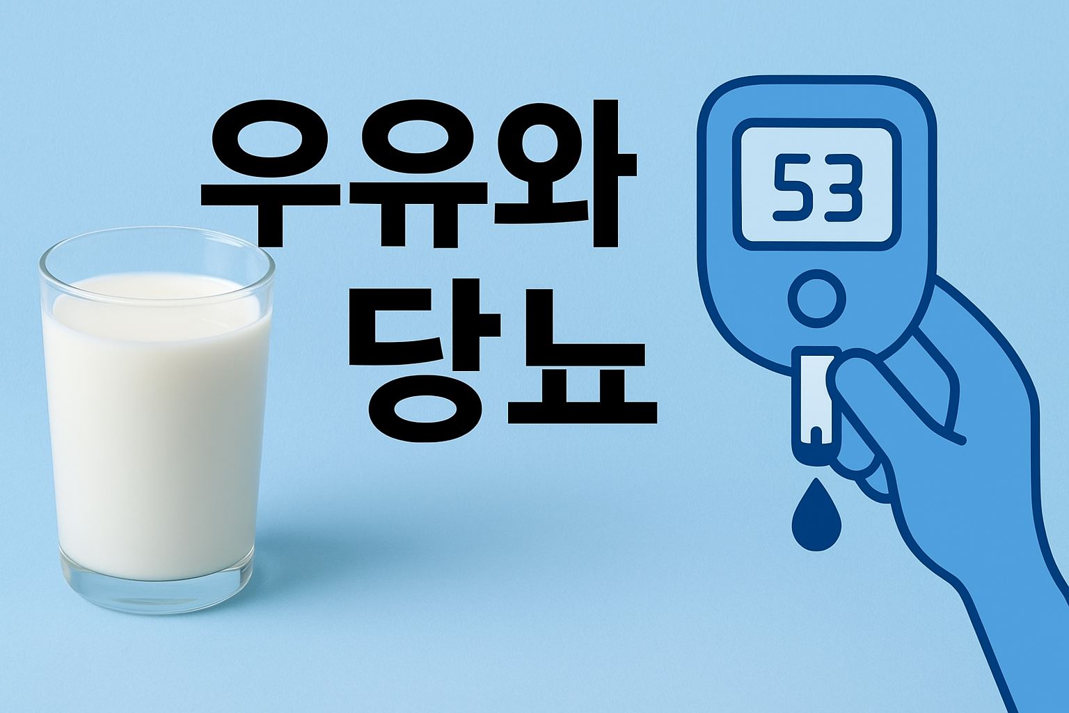 하늘색 배경 위에 왼쪽에는 하얀 우유가 담긴 투명 유리잔이 놓여 있고, 오른쪽에는 손에 들린 혈당 측정기가 파란색 아이콘 형태로 그려져 있으며, 중앙에는 굵은 검은 글씨로 ‘우유와 당뇨’라는 문구가 적혀 있는 이미지
