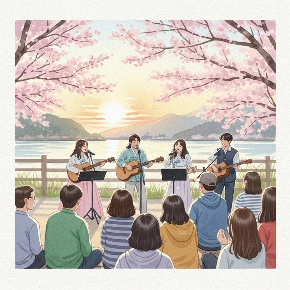 영랑호 벚꽃 축제에서 버스킹 공연을 즐기는 사람들