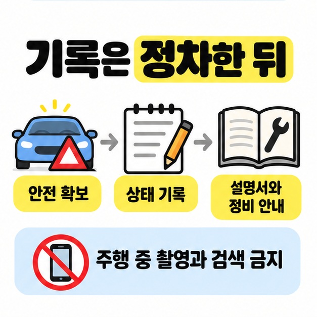 안전 확보에서 상태 기록과 설명서 및 정비 안내로 이어지는 순서와 주행 중 촬영 및 검색 금지를 표시한 도식
