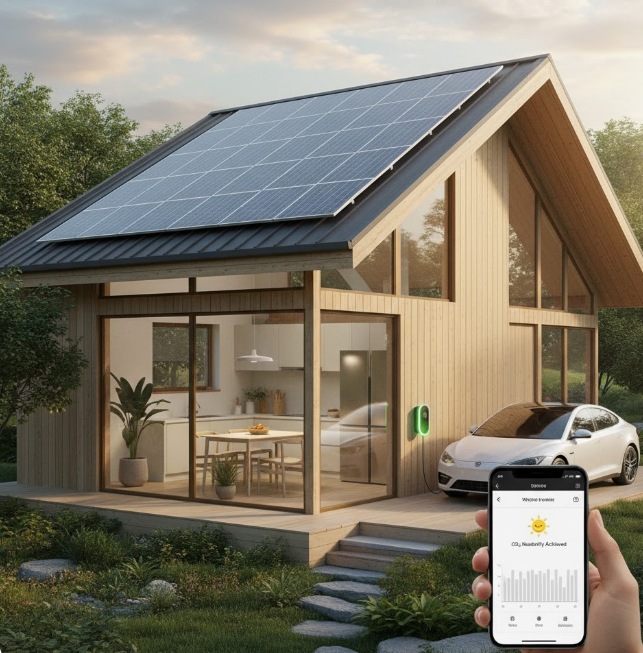 태양광 패널이 설치된 현대적인 친환경 주택과 전기차, 그리고 에너지 관리 앱을 보여주는 스마트폰 화면