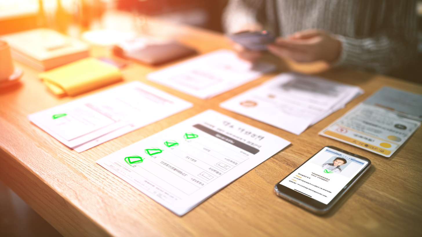 신청 준비를 위한 책상 위에 본인 명의 신용카드, 신분증, 스마트폰 본인인증 화면이 정돈되어 있음