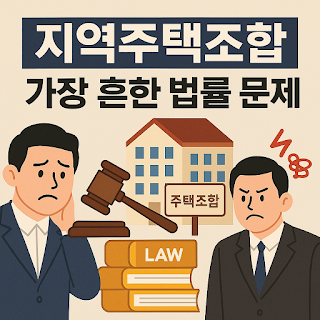지역주택조합의 위험 요소 5가지와 가입 전 체크리스트를 강조한 카드형 이미지. 토지 확보 문제, 정보 비대칭, 지연 리스크, 분담금 손실, 행정감독 부재 등이 아이콘과 함께 나열됨. ‘가입 전 반드시 확인하세요!’라는 문구 포함