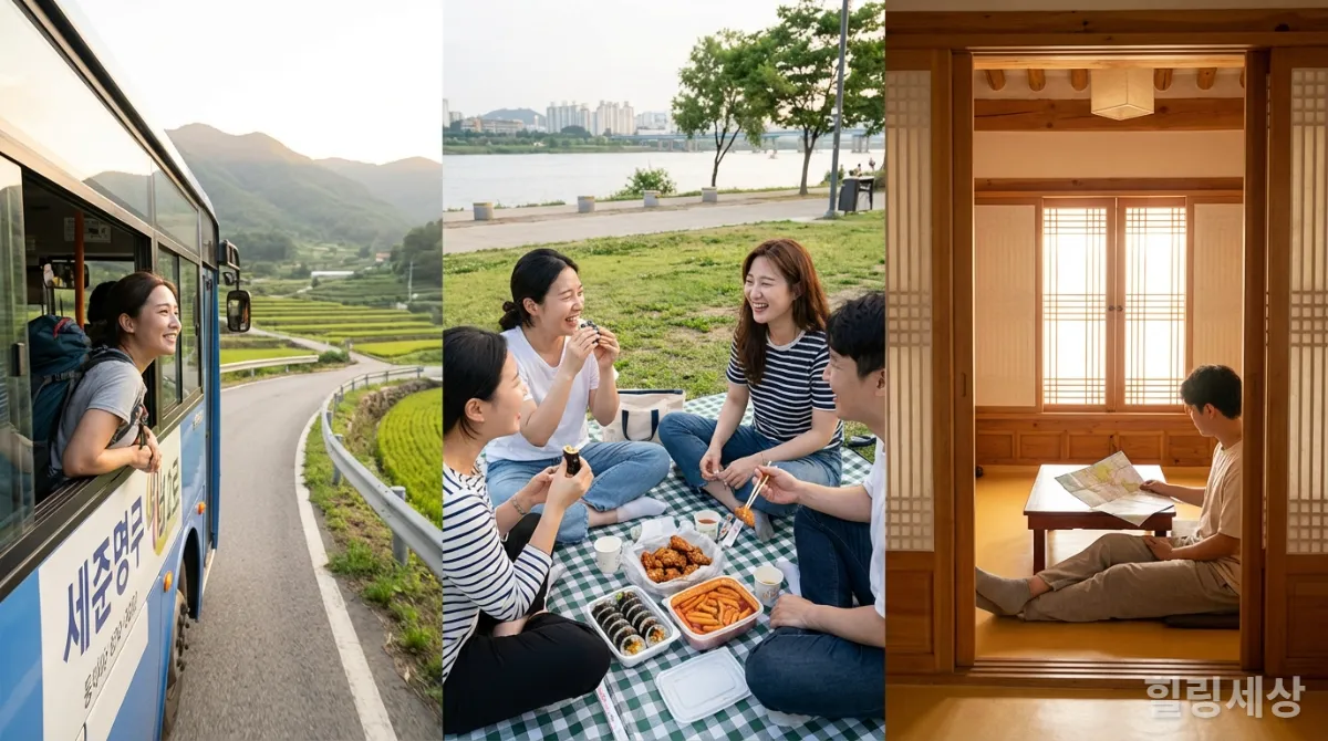 대중교통 이용, 로컬 음식 즐기기, 한옥 숙박 등 알뜰 여행 팁을 보여주는 복합 이미지