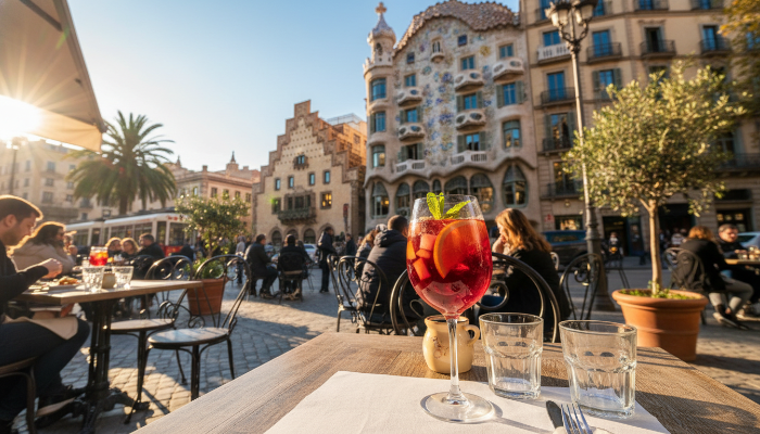가을 햇살이 비치는 스페인 바르셀로나의 노천 카페 전경