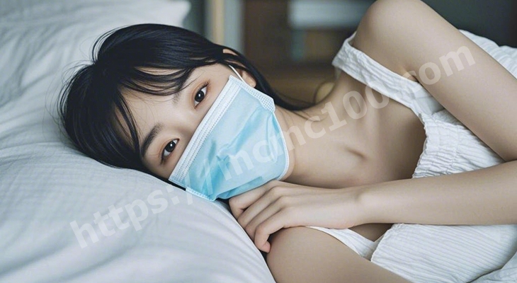 감기에 걸려 마스크를 쓰고 침대에 누워있는 여성