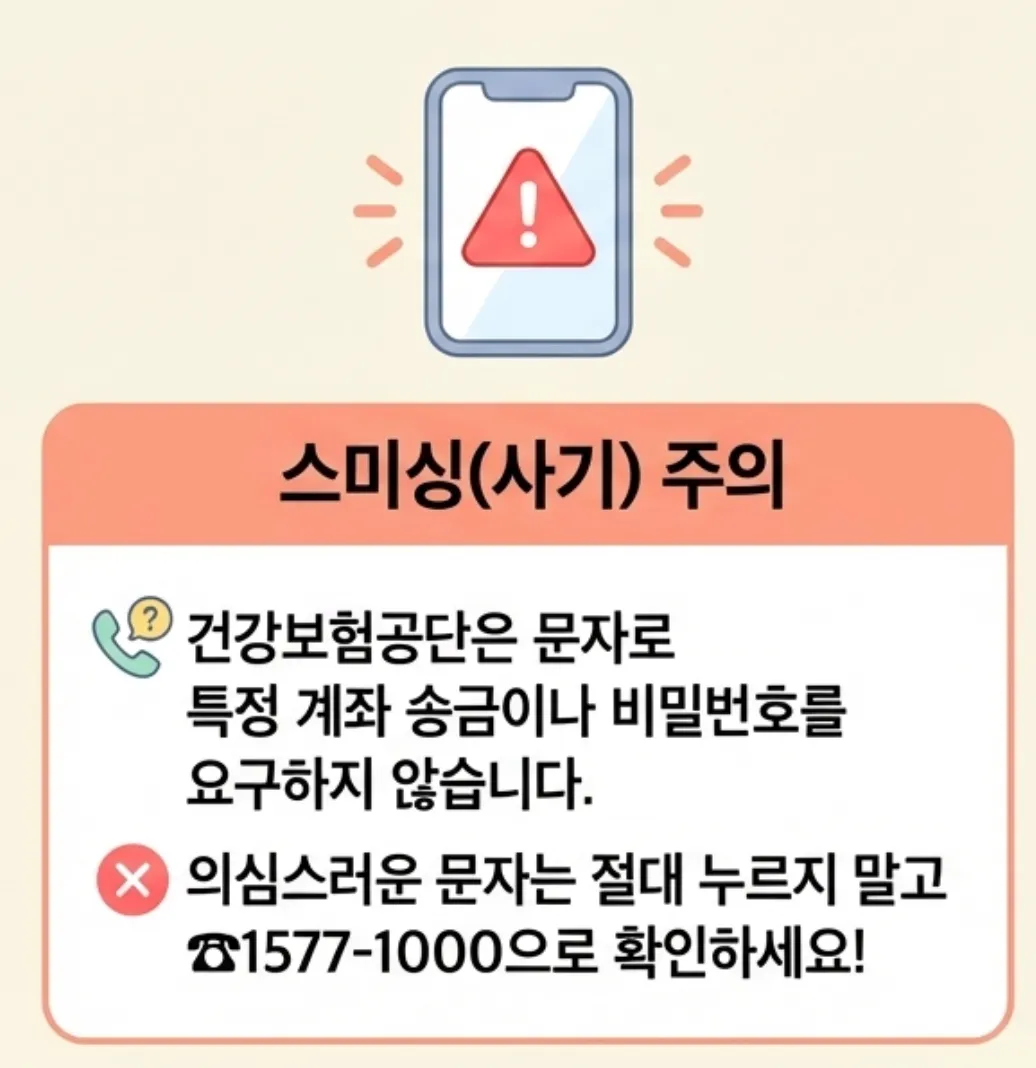 본인부담상한제 환급금 스미싱 사기 주의 안내 인포그래픽. 건강보험공단은 문자로 특정 계좌 송금이나 비밀번호를 요구하지 않으며 의심스러운 문자는 절대 누르지 말고 고객센터 1577-1000으로 직접 확인하라는 내용을 경고 아이콘과 스마트폰 일러스트로 안내하고 있다. 매년 환급 시즌에 빈번한 스미싱 피해를 예방하기 위한 이미지이다.