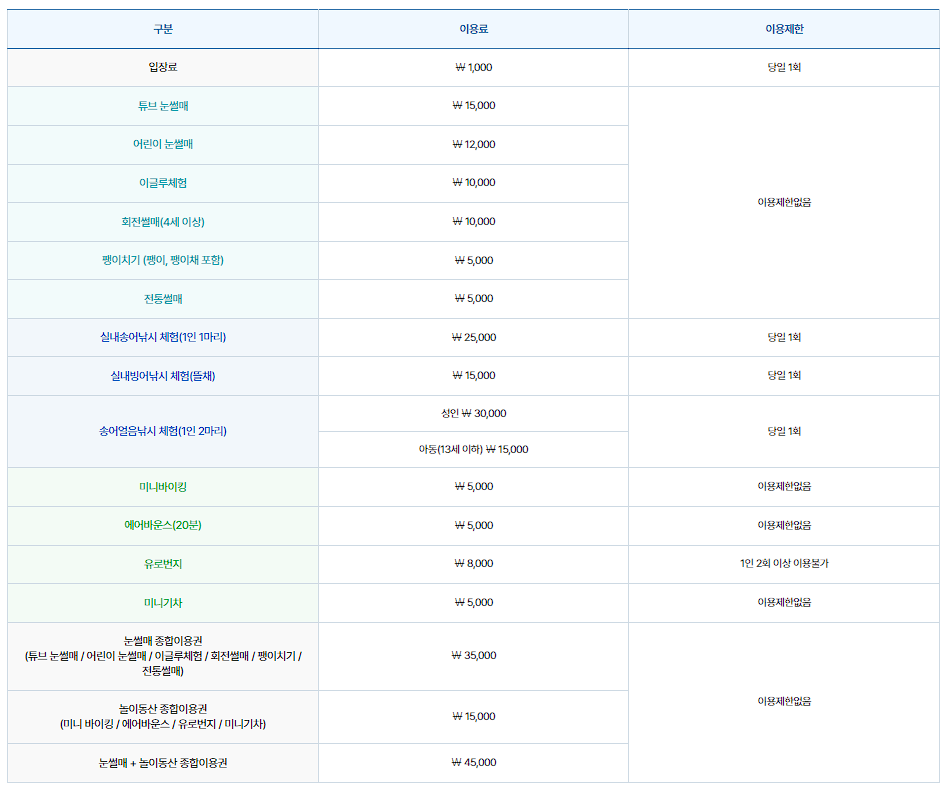 포천 백운계곡 동장군 축제 이용요금