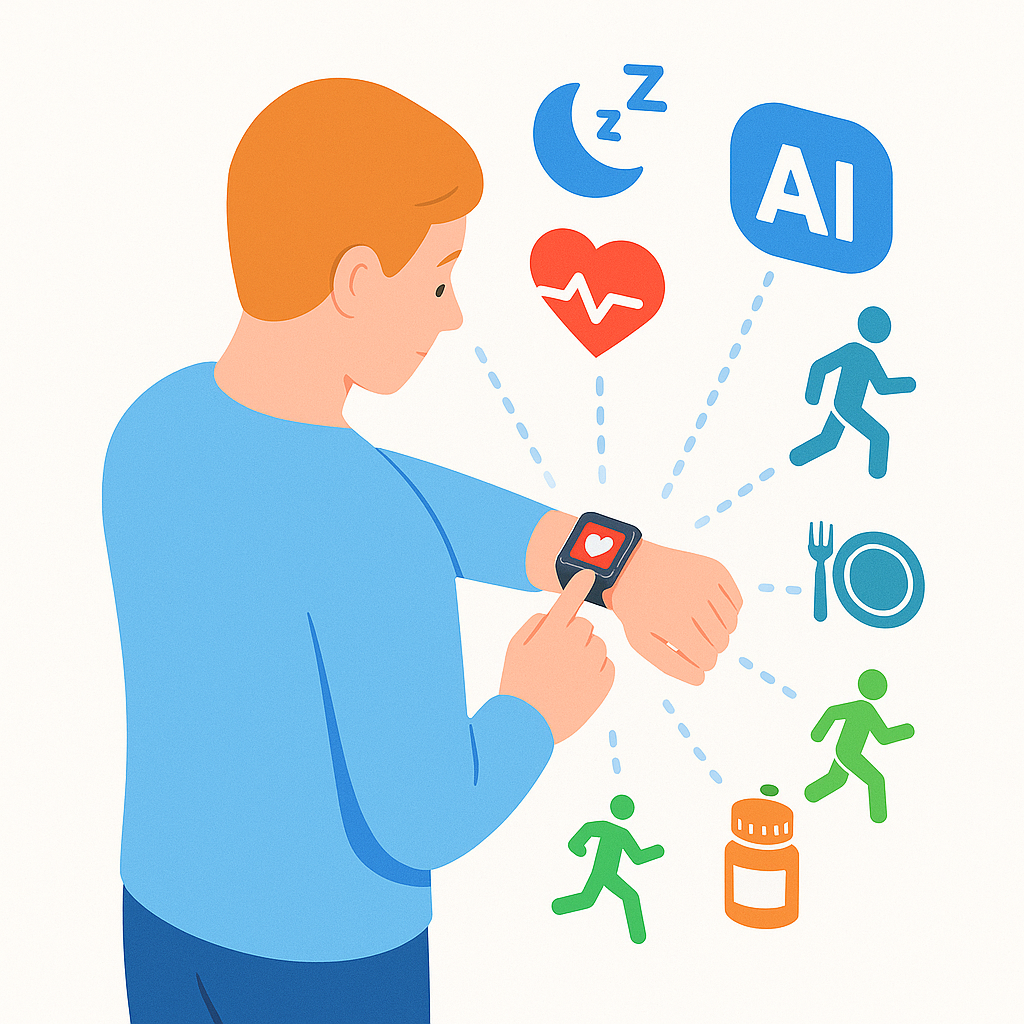 스마트워치를 보는 사람 주위로 심박·수면 등 AR 건강 아이콘과 AI 코칭(식단·운동·영양제) 제안이 떠 있는 밝은 아이소메트릭 일러스트