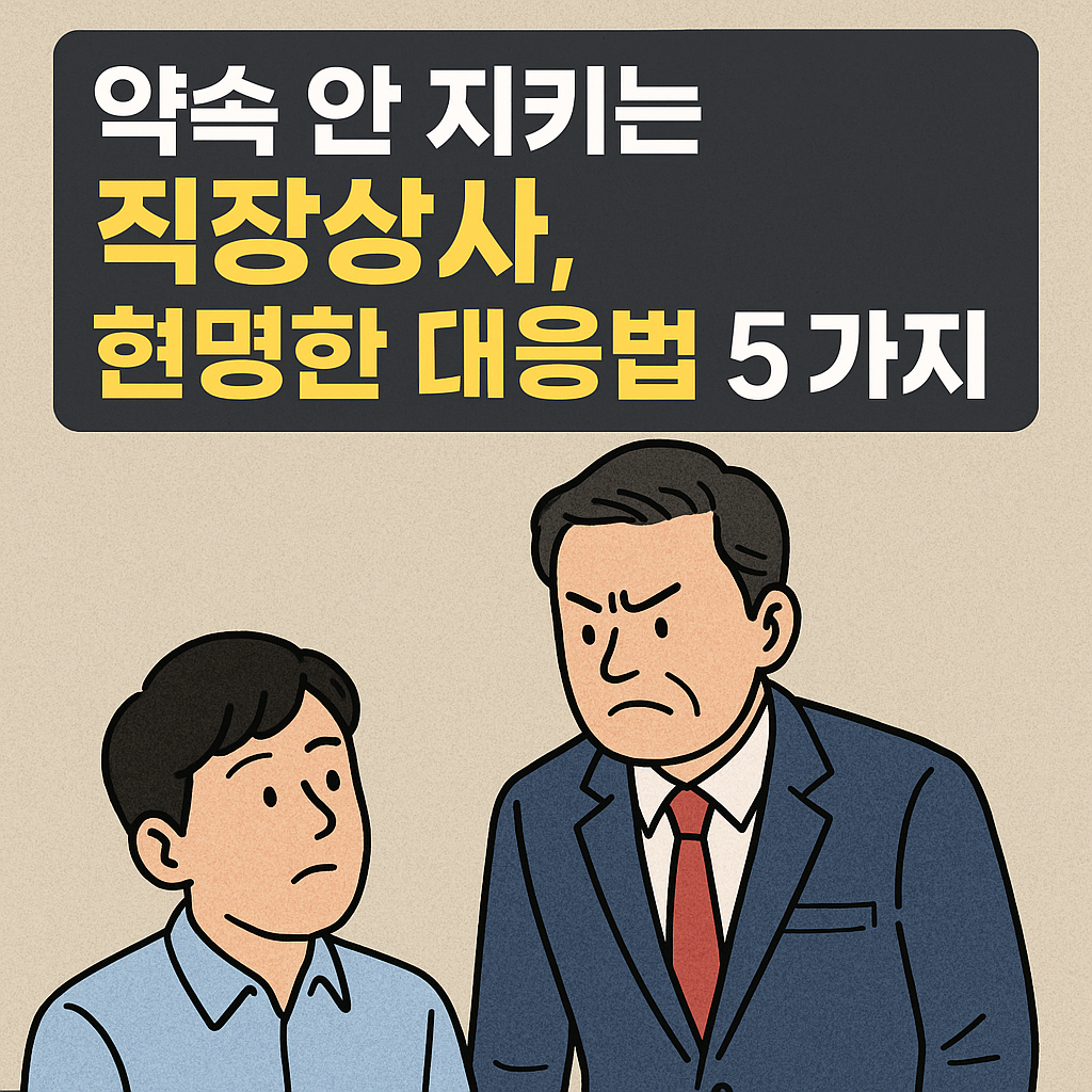 약속을 지키지 않는 직장상사에게 당황하는 직원의 모습과 '약속 안 지키는 직장상사, 현명한 대응법 5가지'라는 제목의 일러스트