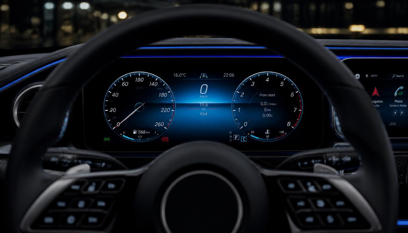 A futuristic automotive interior featuring a glowing digital cockpit and virtual instrument cluster.