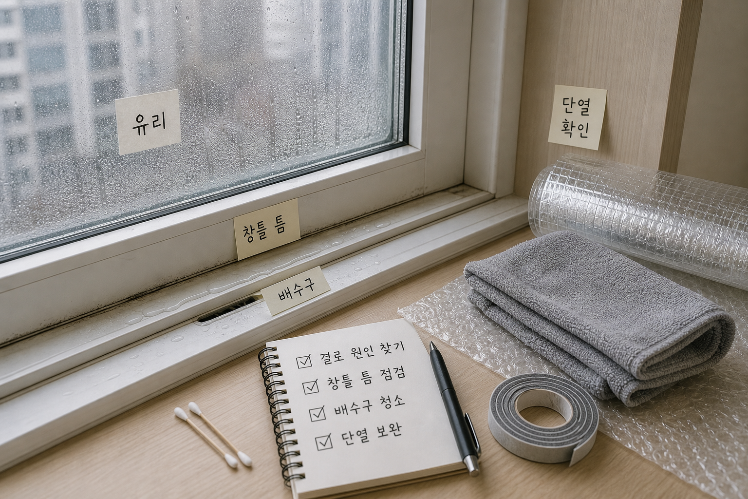 창문 유리와 창틀 아래에 맺힌 결로 물방울과 단열 필름 문풍지 배수구를 확인하는 장면