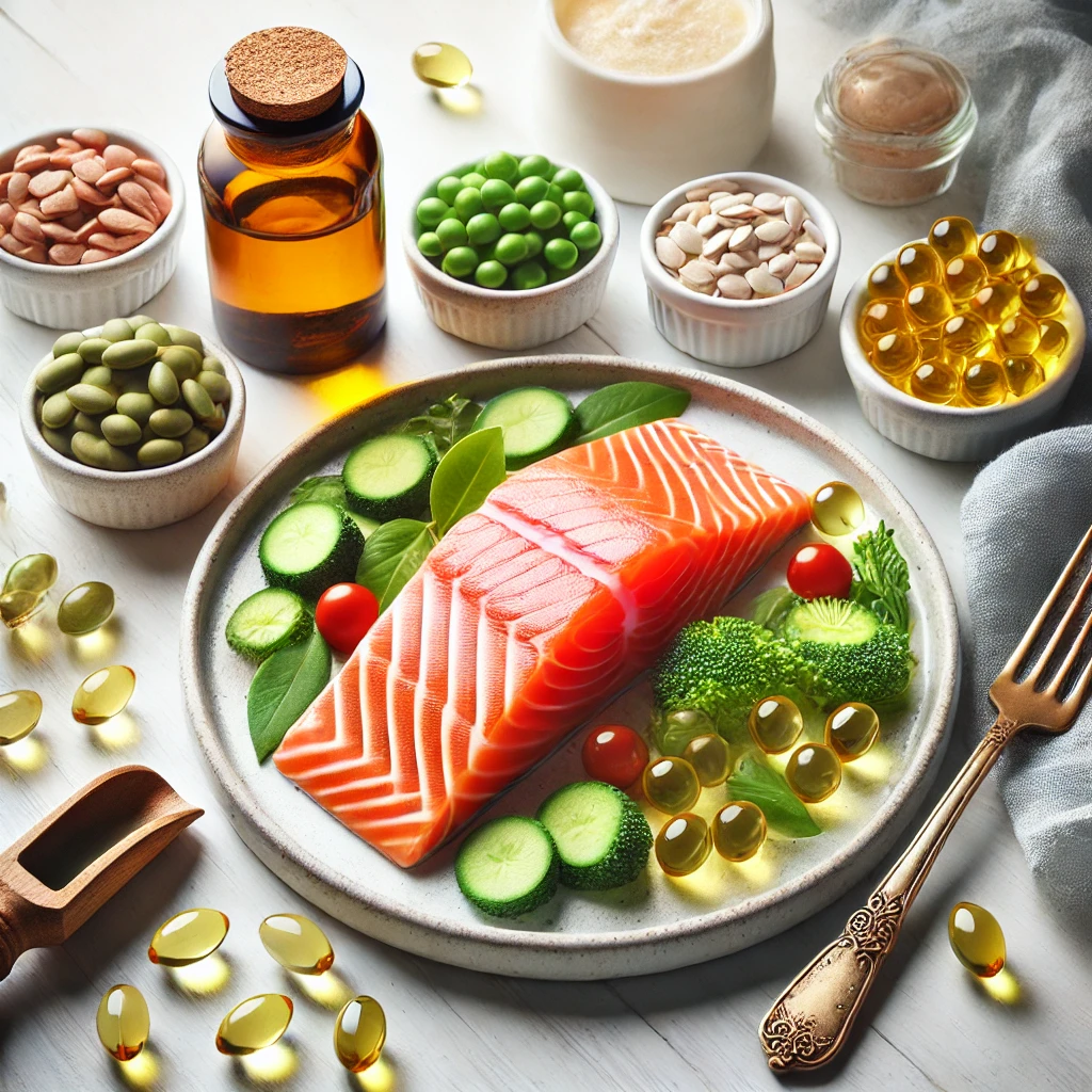 오메가-3 보충제와 함께 연어 요리 이미지