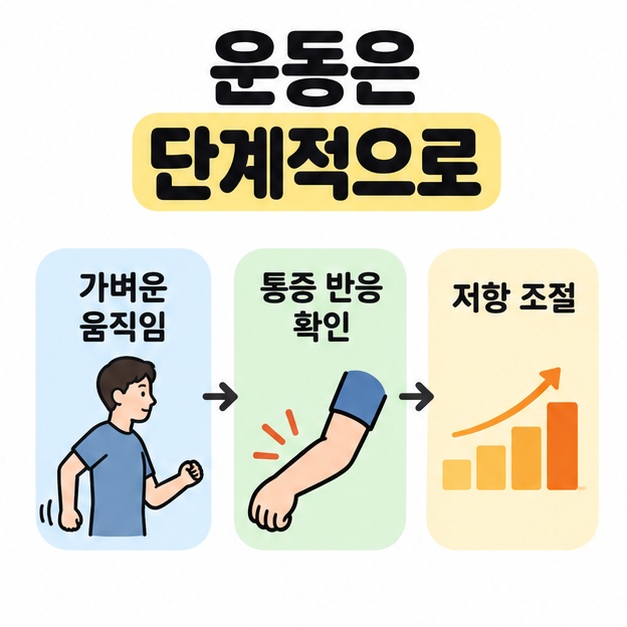 운동은 단계적으로 제목 아래에 가벼운 움직임, 통증 반응 확인, 저항 조절을 세 개의 연결된 블록으로 보여주는 이미지