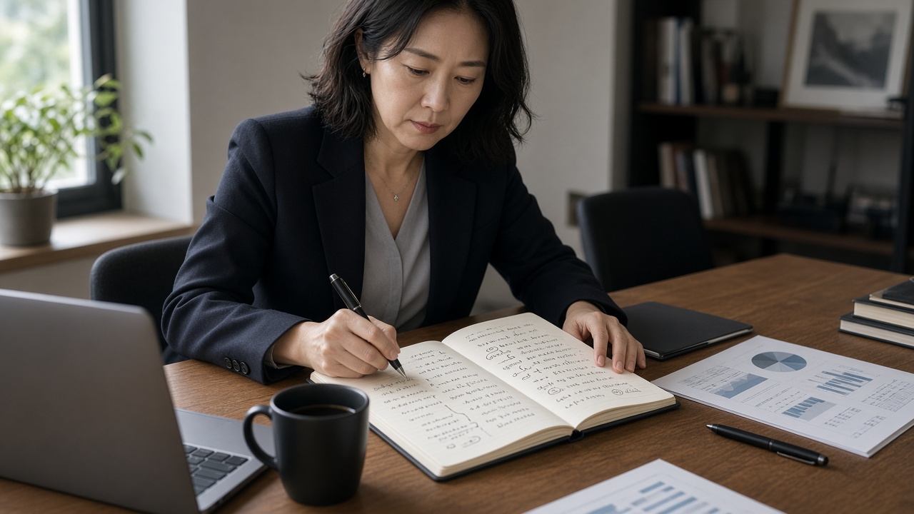 노트에 손절 기준과 비중을 적는 40대 한국인 여성 투자자