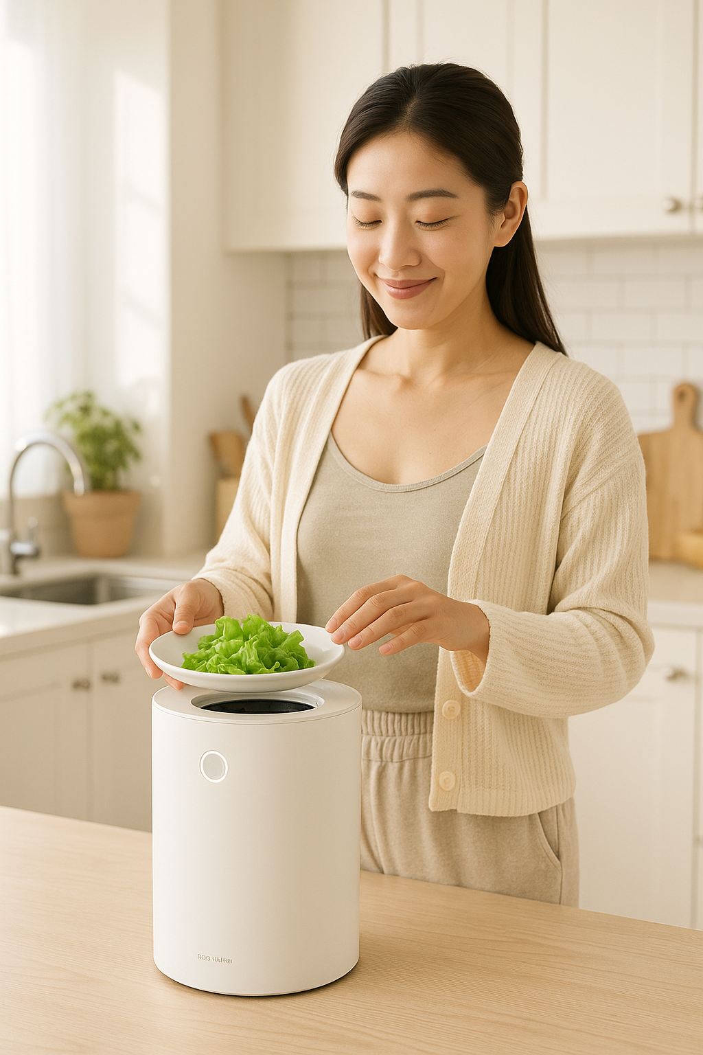 &ldquo;깔끔한 주방에서 음식물처리기에 채소를 넣는 여성이 미소 짓는 장면, 미니멀한 디자인의 가전제품이 강조된 라이프스타일 이미지&rdquo;