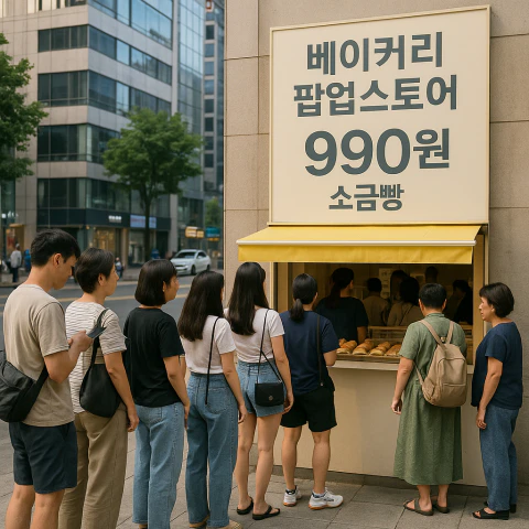 대형 프랜차이즈 빵집 앞에 줄 서 있는 한국인 소비자들