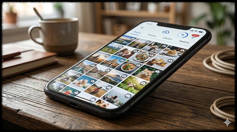 사진이 업로드 대기 상태로 멈춰 있는 스마트폰 모습