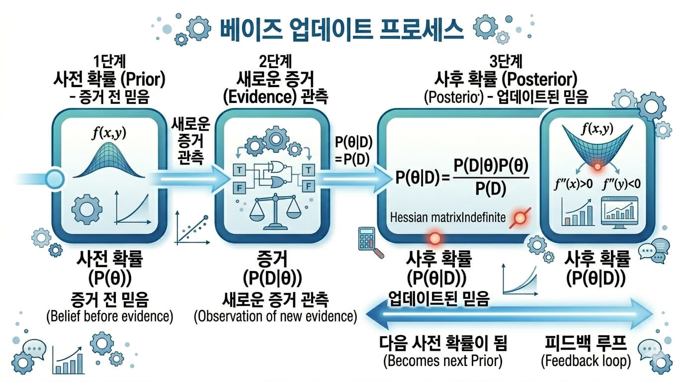 사전 확률이 새로운 증거를 만나 사후 확률로 업데이트되는 베이즈 정리의 순환 구조 다이어그램