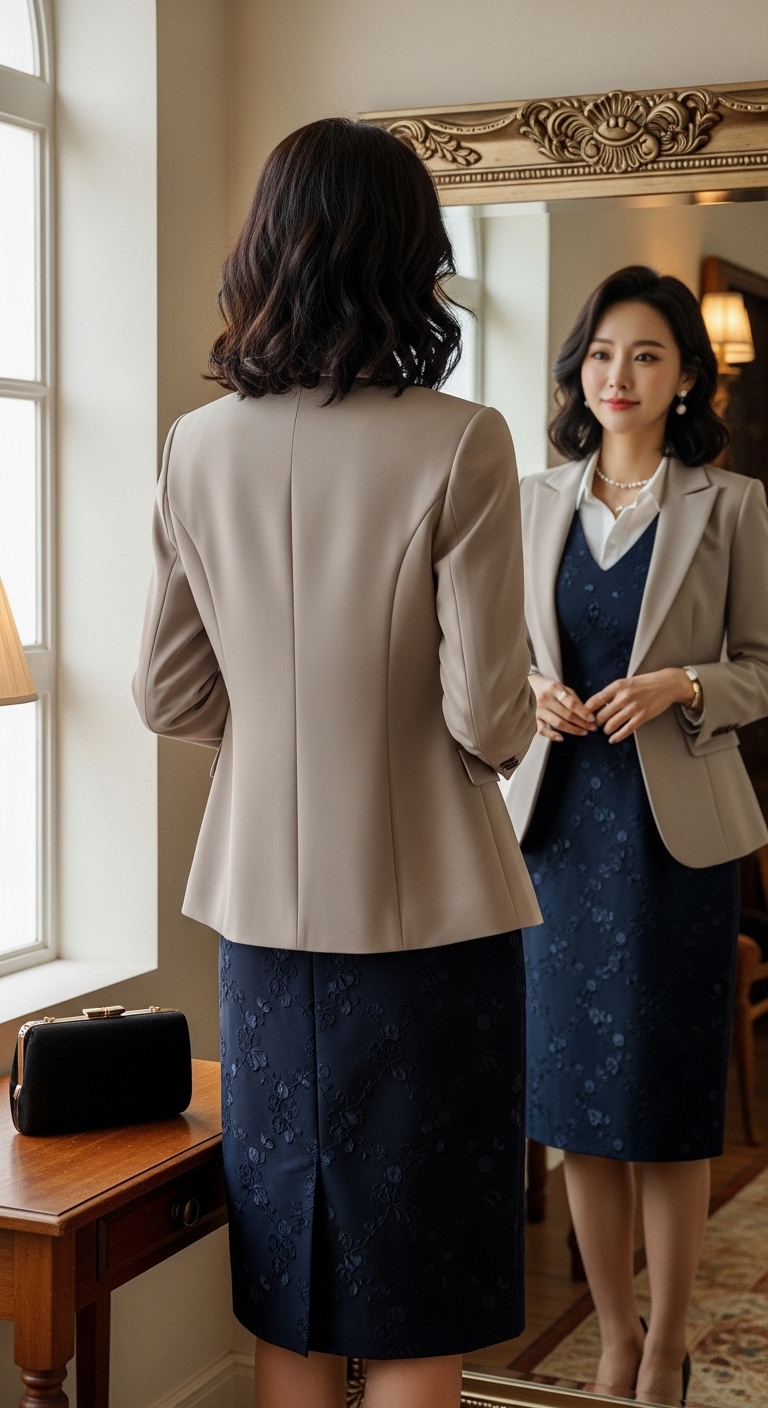 세련된 하객룩을 입고 거울을 보고 있는 여성의 뒷모습