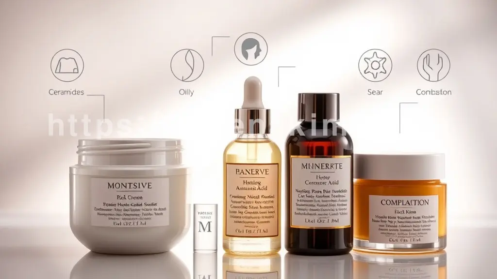 깨끗한 배경 위에 세라마이드, 히알루론산, 시어버터 등 핵심 보습 성분을 강조하는 라벨과 함께 다양한 제형의 겨울철 보습 제품들(고보습 크림, 수분 앰플, 밤 등)이 정갈하게 진열되어 있다.