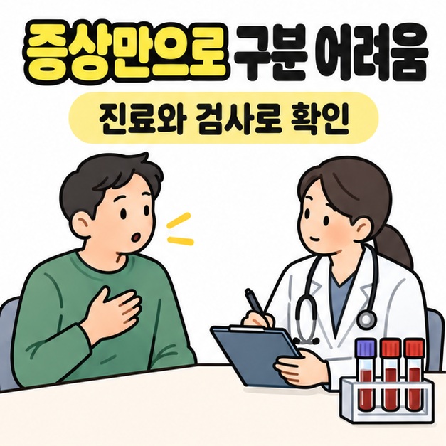 가슴에 손을 댄 환자와 기록하는 의사, 채혈 검사 튜브로 진료와 검사가 필요함을 보여주는 이미지