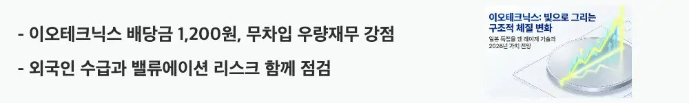 이오테크닉스 주가 전망: '이오테크닉스 배당금 1,200원, 무차입 우량재무 강점'라는 문구가 포함된 웹배너 이미지. 이 이미지는 이오테크닉스의 배당과 재무 안정성, 수급 리스크를 시각적으로 전달하며, 블로그의 이오테크닉스 주가 전망과 관련된 내용을 설명함