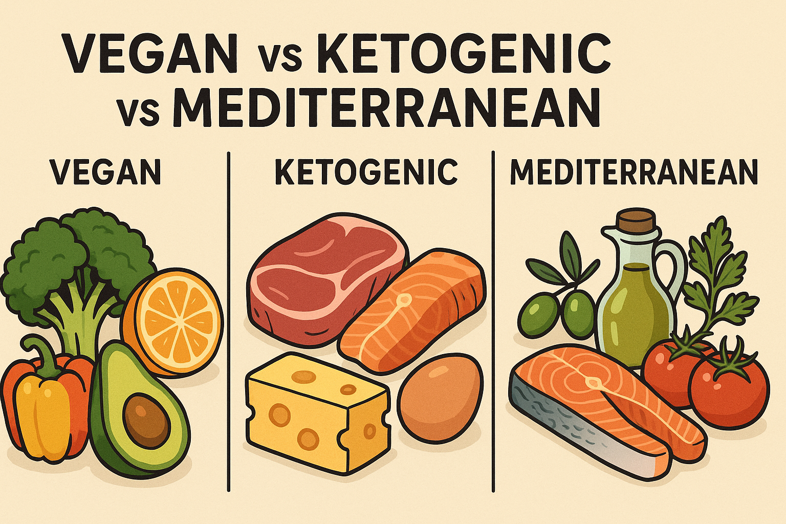 비건, 키토제닉, 지중해식을 간단하게 표현한 그림