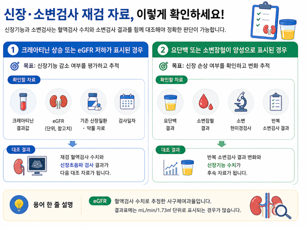 신장기능과 소변검사 재검에서 크레아티닌, eGFR, 요단백, 소변잠혈, 소변현미경검사를 확인하는 인포그래픽