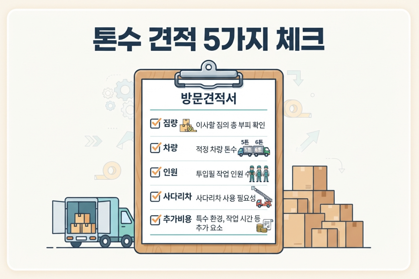 5톤 6톤 포장이사 방문견적에서 차량 인원 사다리차 추가비용을 비교하는 이미지