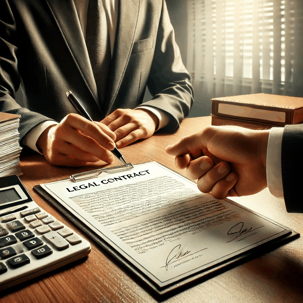 법률 계약 체결을 상징하는 전문가적인 사무실 환경에서 채권자와 채무자가 서류를 주고받는 모습
