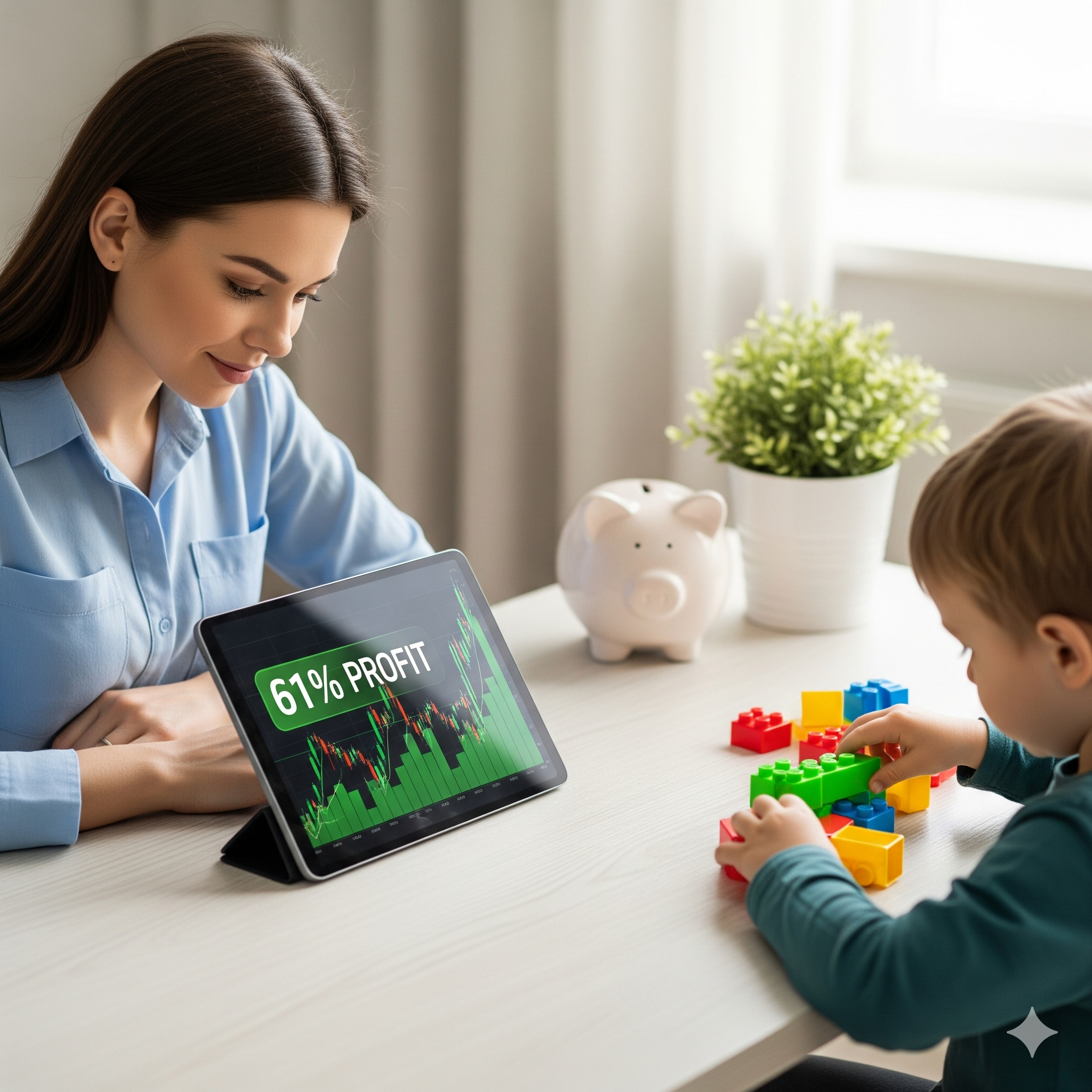 아이와 함께 자라는 엄마의 연금저축계좌 고점 투자를 극복하고 4년만에 높은 수익률을 달성한 기쁨과 노후 준비의 안정감을 보여주는 이미지
