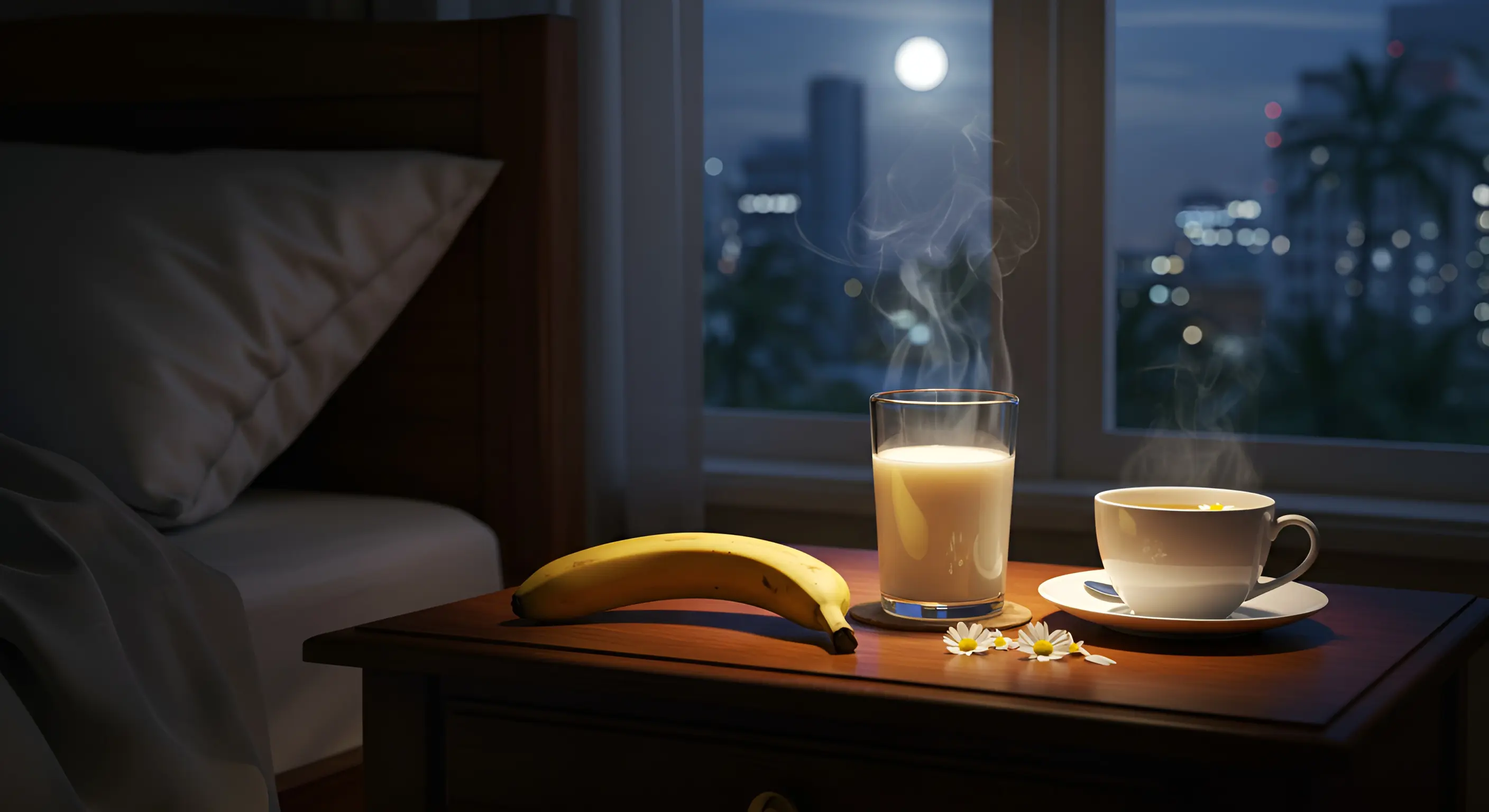 열대야로 뒤척이다가, 꿀잠 음식(바나나, 체리)을 먹고 편안하게 잠든 사람의 변화를 보여주는 이미지