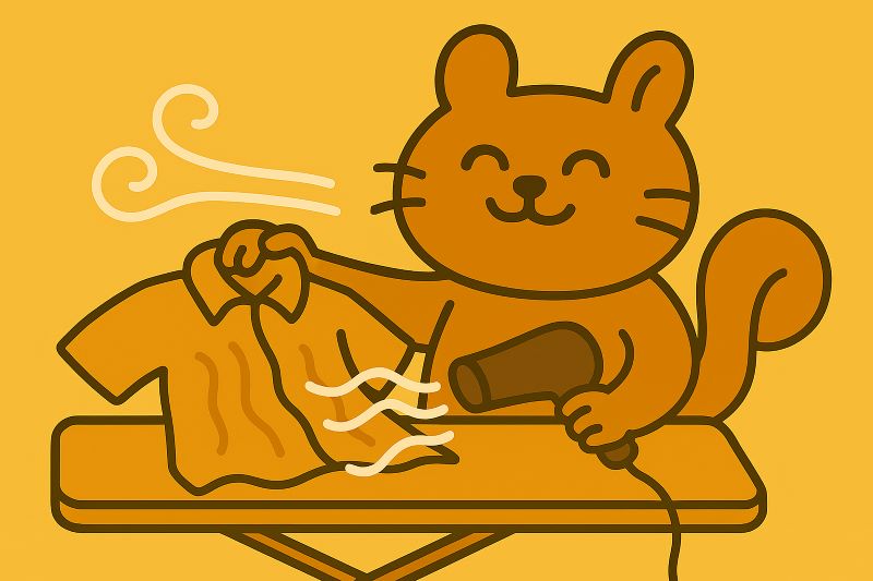 "헤어드라이어로 셔츠의 옷 주름을 제거하며 활짝 웃고 있는 귀여운 다람쥐 캐릭터"