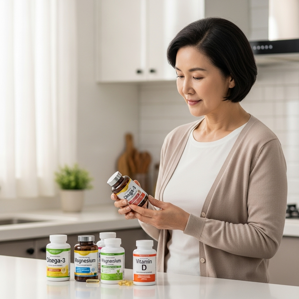 한 50대 한국인 여성이 아침 햇살이 드는 주방에서 여러 영양제 병을 앞에 두고, 그중 하나를 신중하게 골라 손에 들고 있는 모습