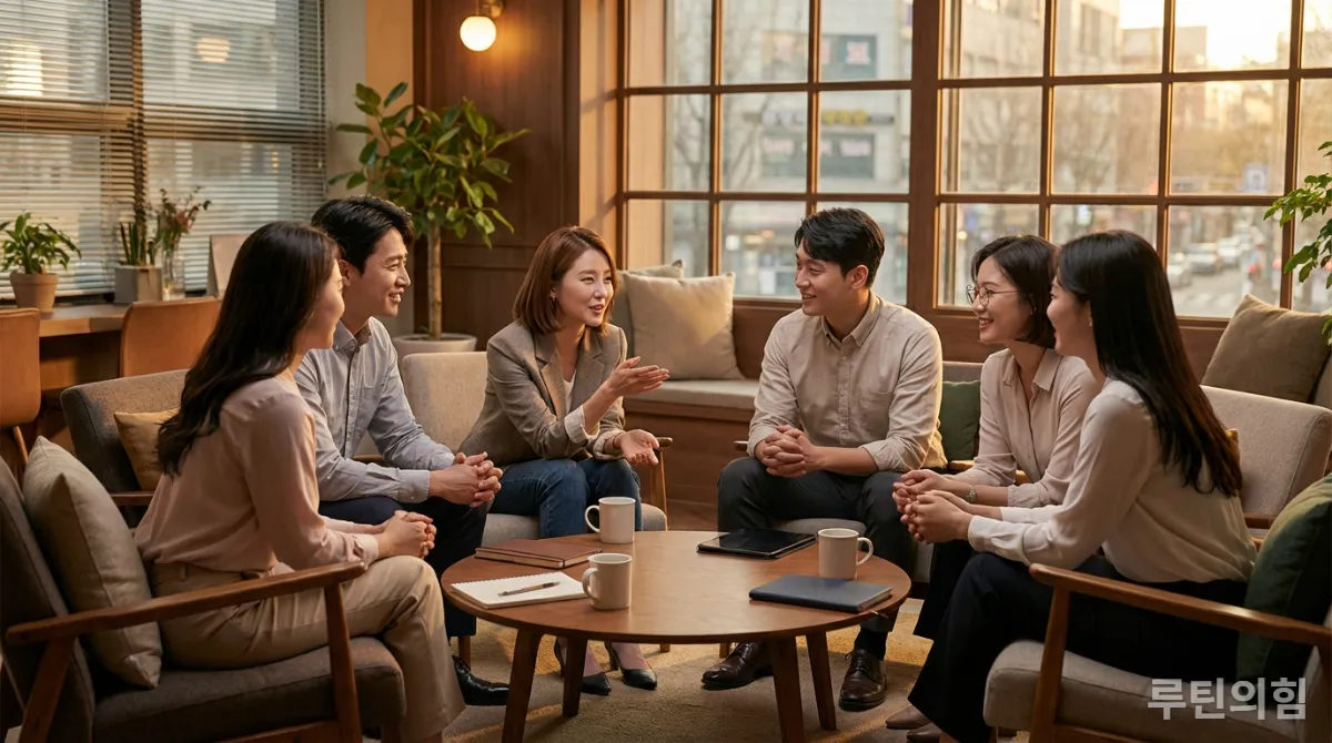 한국 직장인들이 멘토링 세션에서 서로 조언을 주고받으며 지지하는 모습