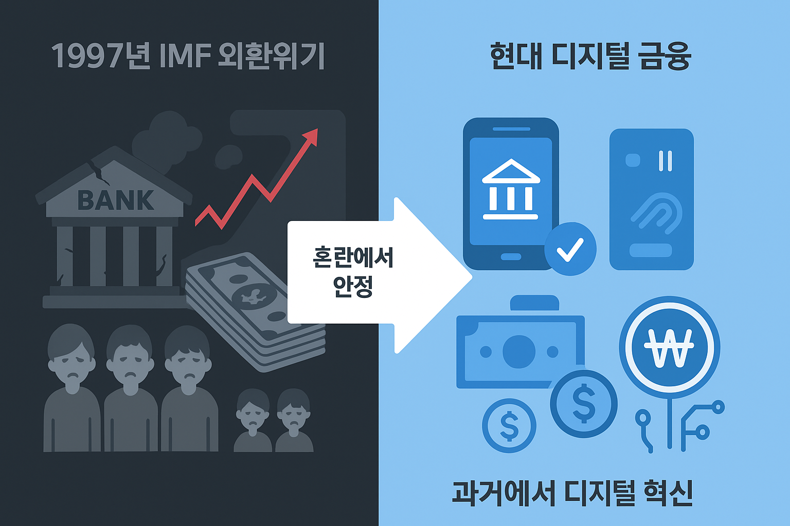 IMF 외환위기 당시 금융 혼란과 현대 디지털 금융 혁신을 비교한 인포그래픽 이미지
