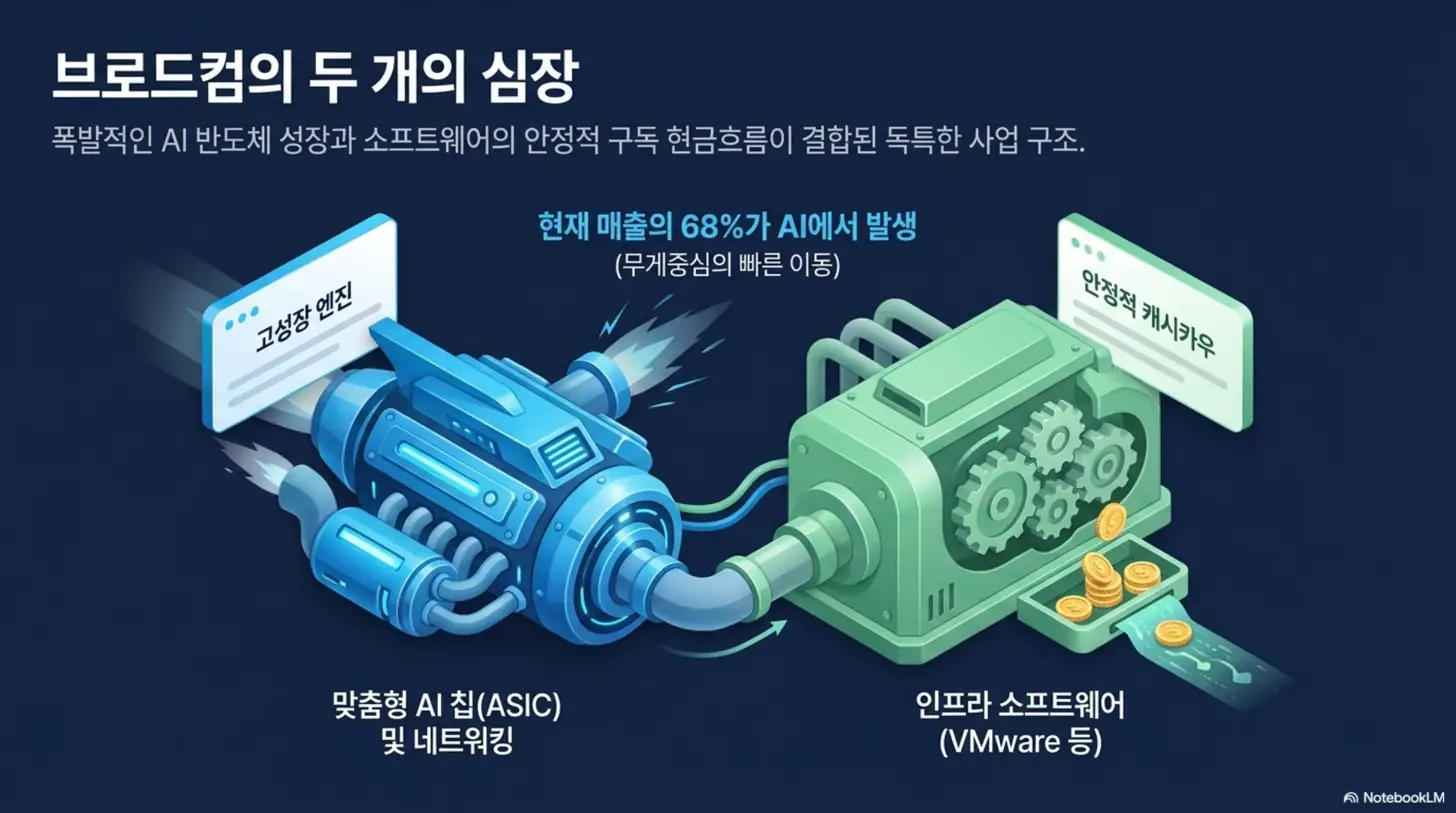 브로드컴 주가: 브로드컴의 두 개의 심장을 표현한 인포그래픽으로, 맞춤형 AI 칩(ASIC)과 네트워킹의 고성장 엔진과 VMware 등 인프라 소프트웨어의 안정적 캐시카우를 나란히 보여준다. 매출의 68%가 AI에서 발생하는 사업 구조를 시각화하며, 브로드컴 사업 구조와 본업을 설명하는 블로그 내용과 관련됨