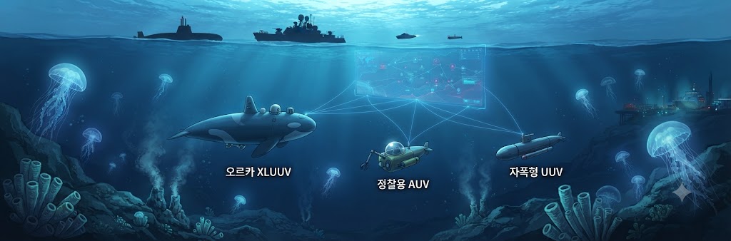 심해 환경 속에서 AI 기반 무인 잠수정들이 전술 네트워크 디스플레이를 중심으로 편대를 이루고 있는 작전 시뮬레이션 일러스트
