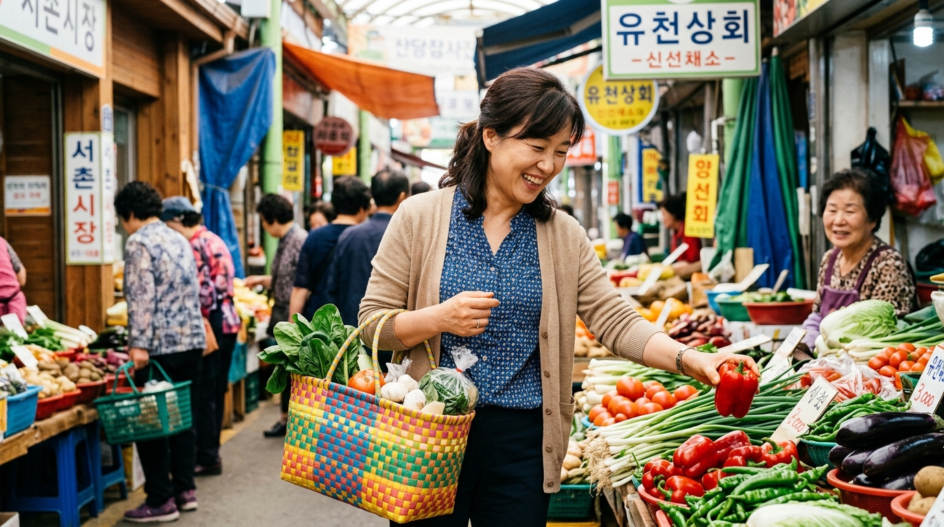 고유가 피해지원금으로 생활비를 아끼며 알뜰하게 장을 보는 한국인 여성